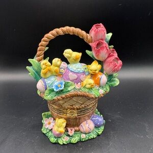Porcelain Easter Basket with Easter Eggs, Chicks and Flowers Hinged Trinket Box